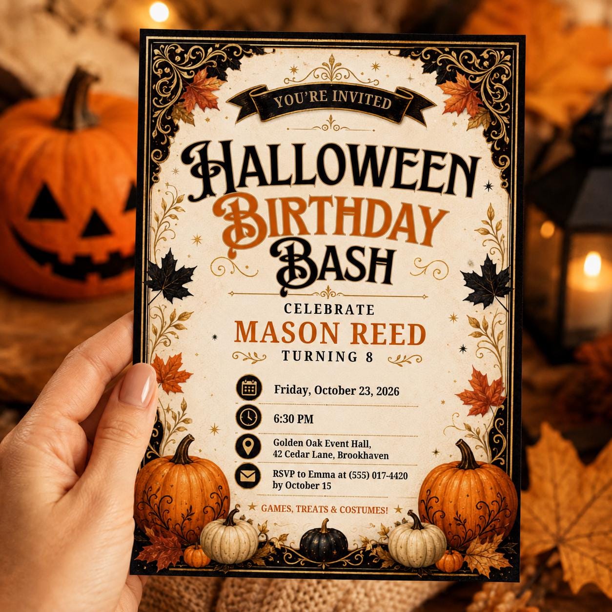 Halloween Birthday Invitation, Pumpkin Birthday Party Invite, Vintage Fall Halloween Invite, Kids Spooky Party, Editable Canva Template