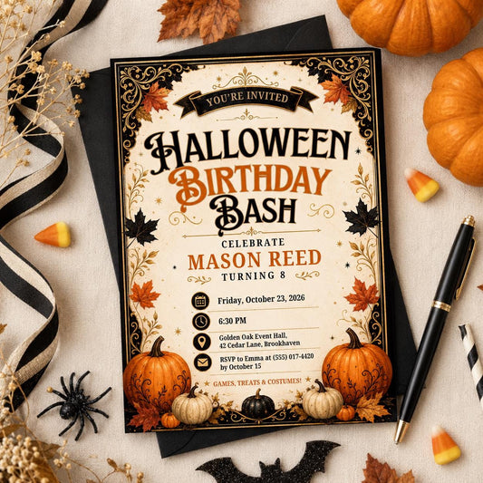 Halloween Birthday Invitation, Pumpkin Birthday Party Invite, Vintage Fall Halloween Invite, Kids Spooky Party, Editable Canva Template