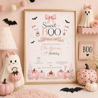 Pink Halloween Birthday Invitation, Sweet Boo Birthday Invite, Cute Ghost Girl Birthday, Pink Pumpkin Invitation, Editable Canva Template