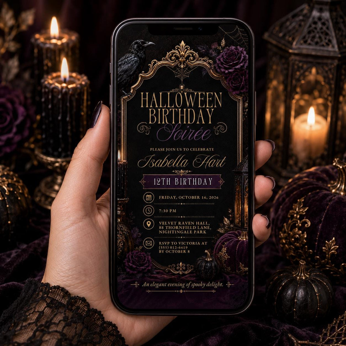 Gothic Halloween Birthday Invitation, Elegant Raven Party Invite, Purple Black Spooky Birthday, Editable Canva Template