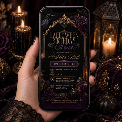 Gothic Halloween Birthday Invitation, Elegant Raven Party Invite, Purple Black Spooky Birthday, Editable Canva Template