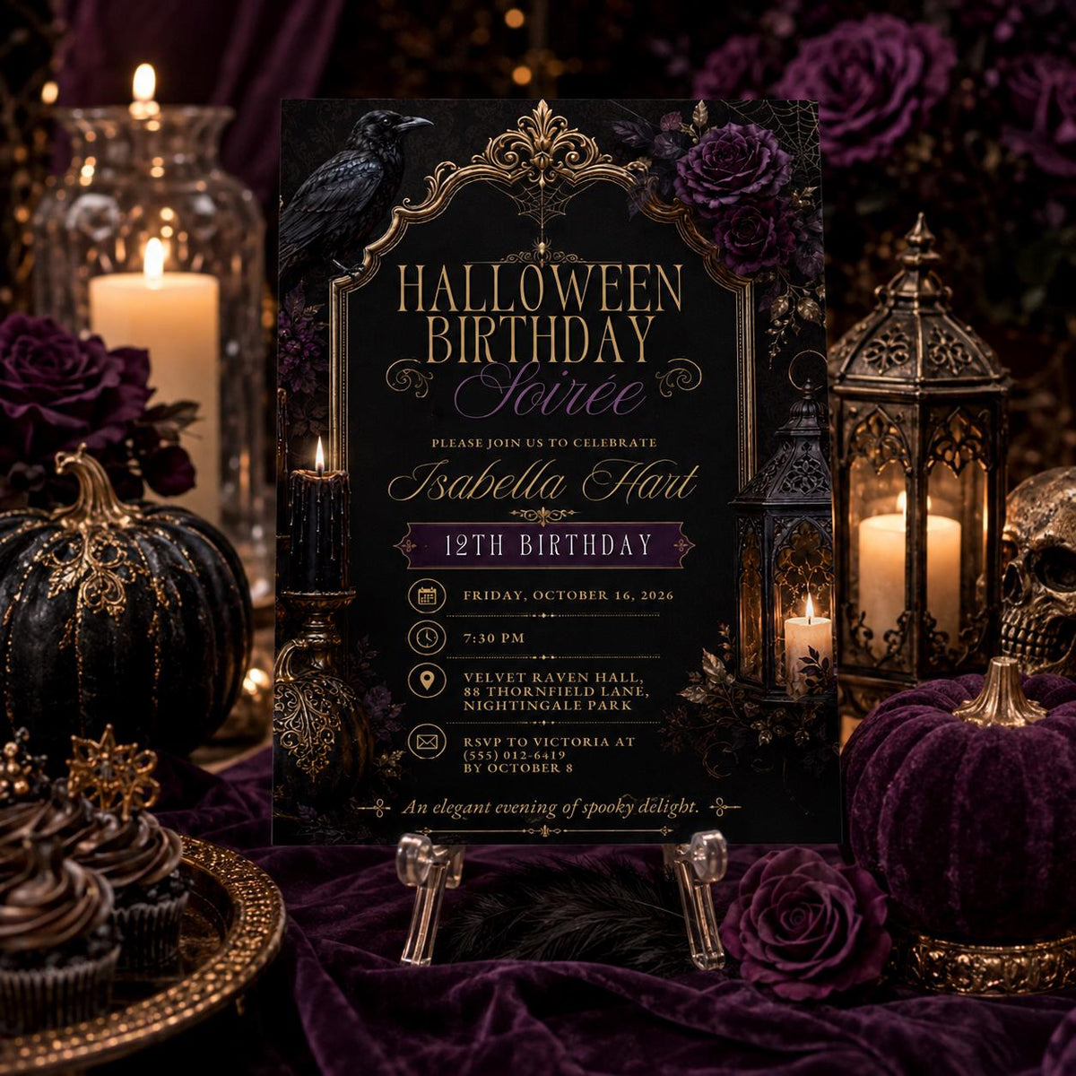 Gothic Halloween Birthday Invitation, Elegant Raven Party Invite, Purple Black Spooky Birthday, Editable Canva Template