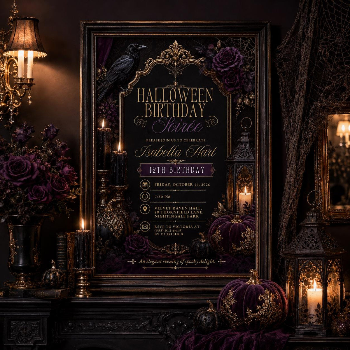Gothic Halloween Birthday Invitation, Elegant Raven Party Invite, Purple Black Spooky Birthday, Editable Canva Template