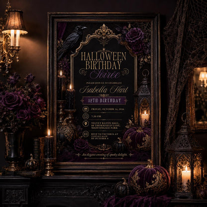 Gothic Halloween Birthday Invitation, Elegant Raven Party Invite, Purple Black Spooky Birthday, Editable Canva Template