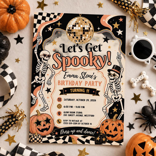 Retro Halloween Birthday Invitation, Disco Skeleton Birthday Party Invite, Orange Black Spooky Party, Editable Canva Template