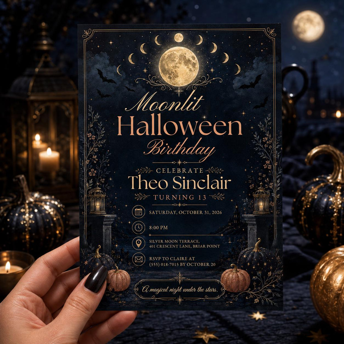 Moonlit Halloween Birthday Invitation, Celestial Spooky Birthday Party Invite, Moon and Stars Halloween Invite, Editable Canva Template