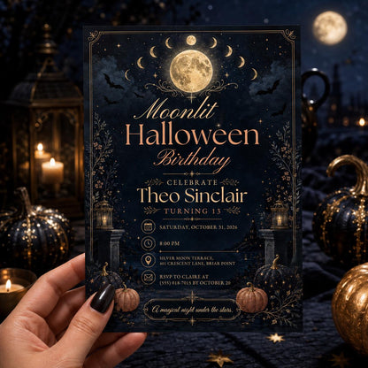Moonlit Halloween Birthday Invitation, Celestial Spooky Birthday Party Invite, Moon and Stars Halloween Invite, Editable Canva Template