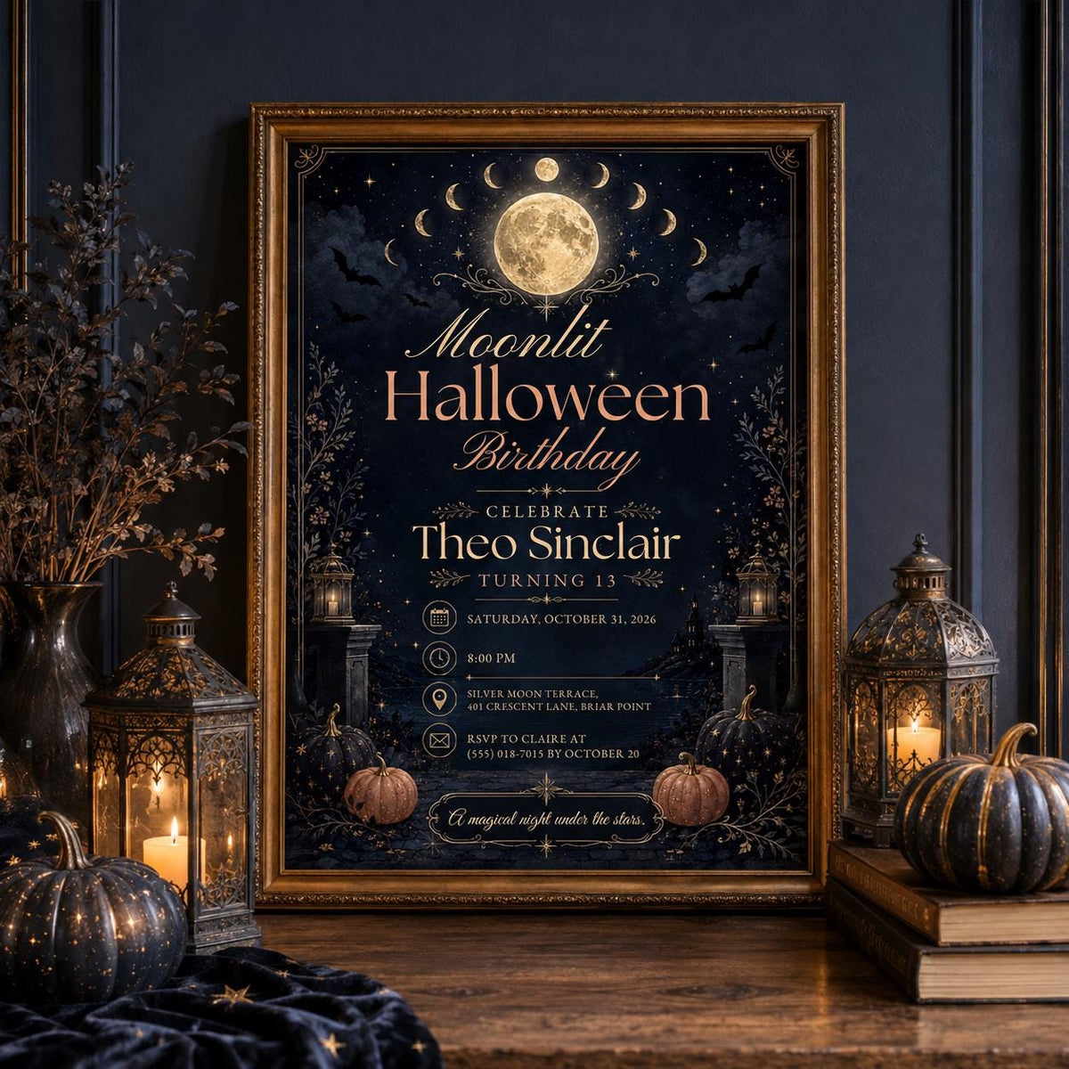 Moonlit Halloween Birthday Invitation, Celestial Spooky Birthday Party Invite, Moon and Stars Halloween Invite, Editable Canva Template