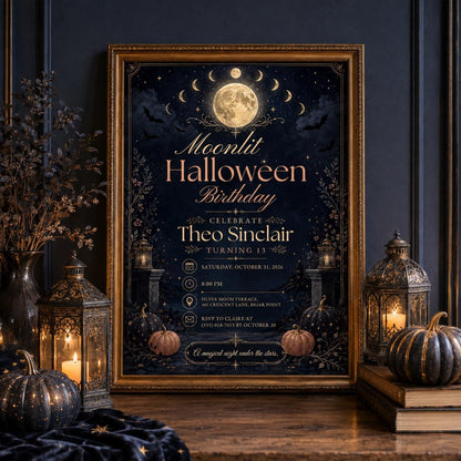 Moonlit Halloween Birthday Invitation, Celestial Spooky Birthday Party Invite, Moon and Stars Halloween Invite, Editable Canva Template