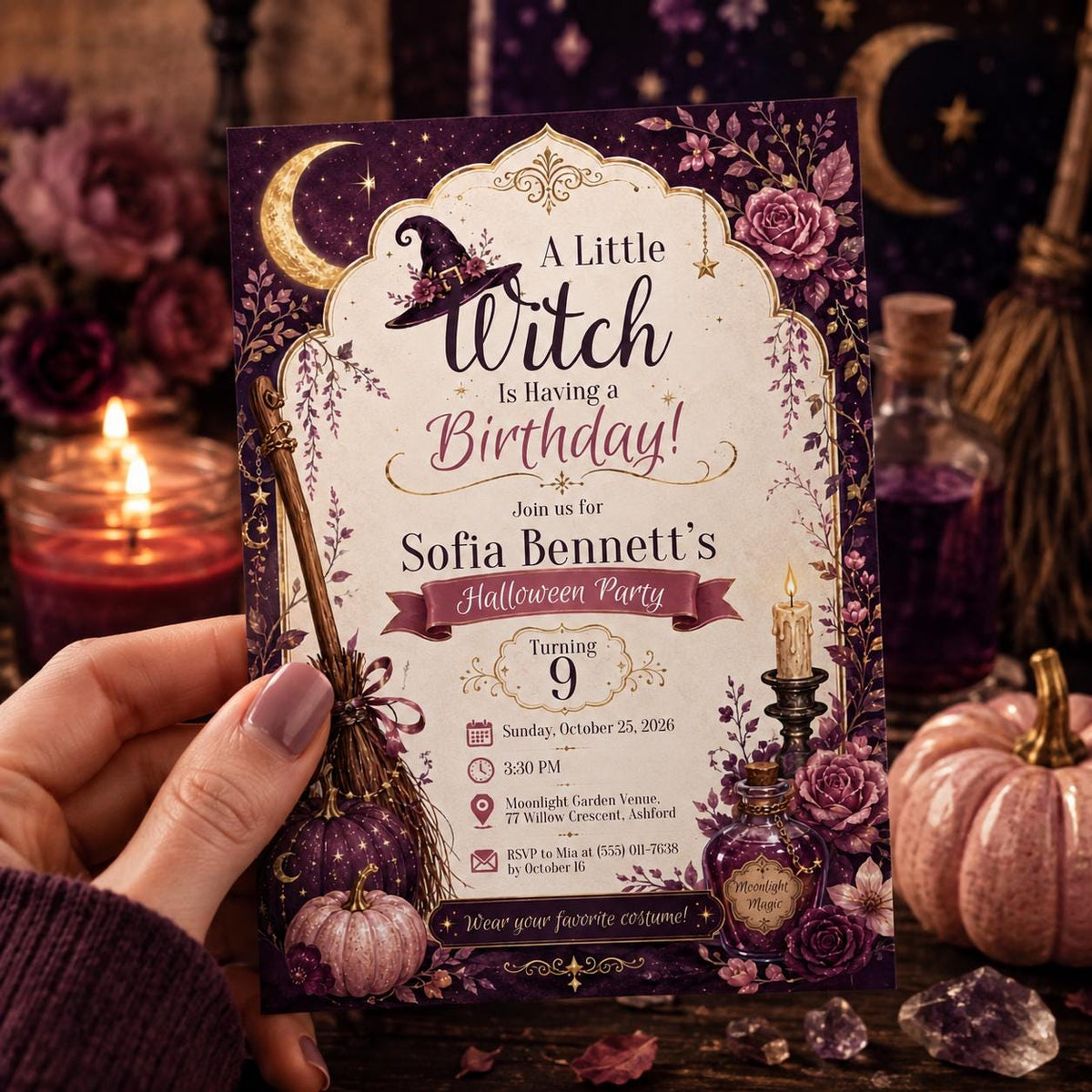 Witch Birthday Invitation, Purple Halloween Birthday Party Invite, Magical Spooky Girls Party, Editable Canva Template, Printable Invite