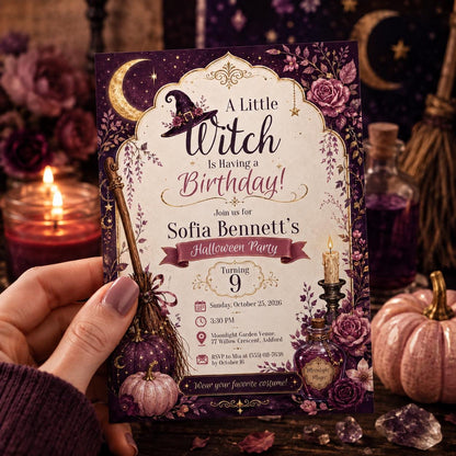 Witch Birthday Invitation, Purple Halloween Birthday Party Invite, Magical Spooky Girls Party, Editable Canva Template, Printable Invite