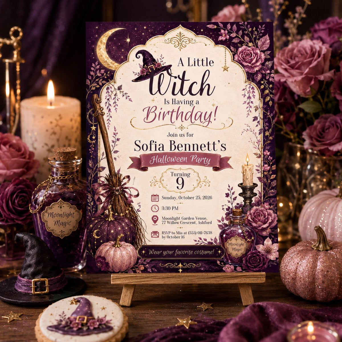 Witch Birthday Invitation, Purple Halloween Birthday Party Invite, Magical Spooky Girls Party, Editable Canva Template, Printable Invite