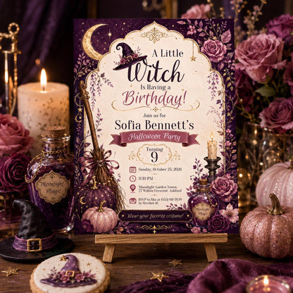 Witch Birthday Invitation, Purple Halloween Birthday Party Invite, Magical Spooky Girls Party, Editable Canva Template, Printable Invite