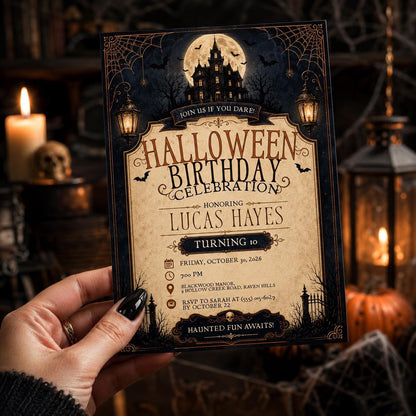 Haunted House Halloween Birthday Invitation, Spooky Kids Birthday Party Invite, Vintage Halloween Celebration, Editable Canva Template