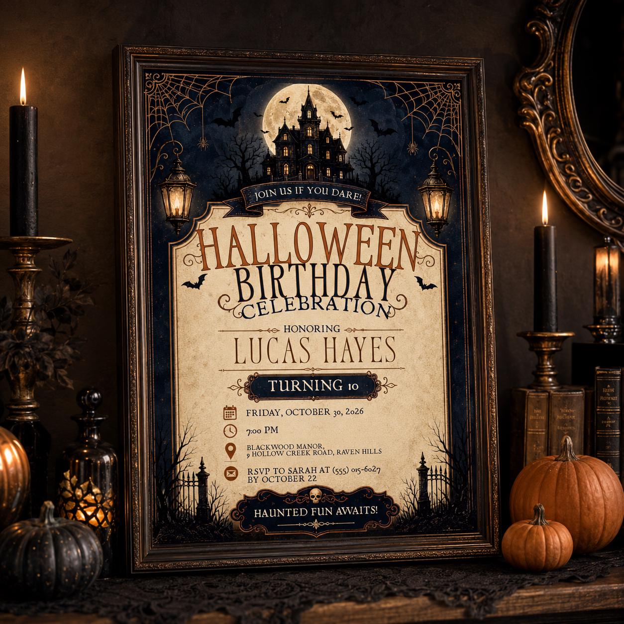 Haunted House Halloween Birthday Invitation, Spooky Kids Birthday Party Invite, Vintage Halloween Celebration, Editable Canva Template