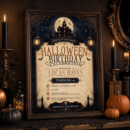 Haunted House Halloween Birthday Invitation, Spooky Kids Birthday Party Invite, Vintage Halloween Celebration, Editable Canva Template