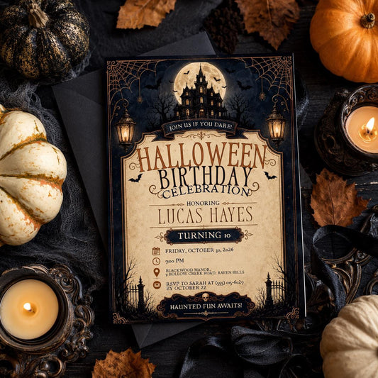 Haunted House Halloween Birthday Invitation, Spooky Kids Birthday Party Invite, Vintage Halloween Celebration, Editable Canva Template