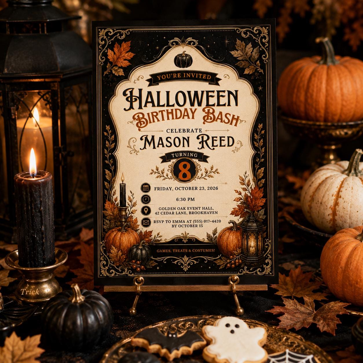 Halloween Birthday Invitation, Elegant Pumpkin Birthday Bash, Vintage Spooky Party Invite, Editable Canva Template