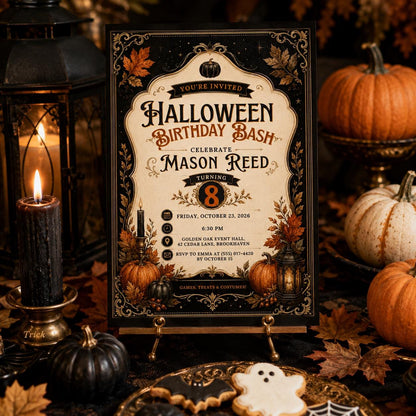Halloween Birthday Invitation, Elegant Pumpkin Birthday Bash, Vintage Spooky Party Invite, Editable Canva Template