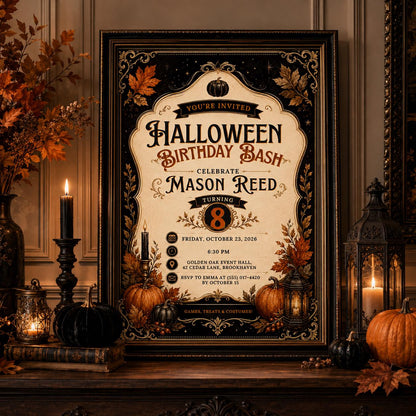 Halloween Birthday Invitation, Elegant Pumpkin Birthday Bash, Vintage Spooky Party Invite, Editable Canva Template