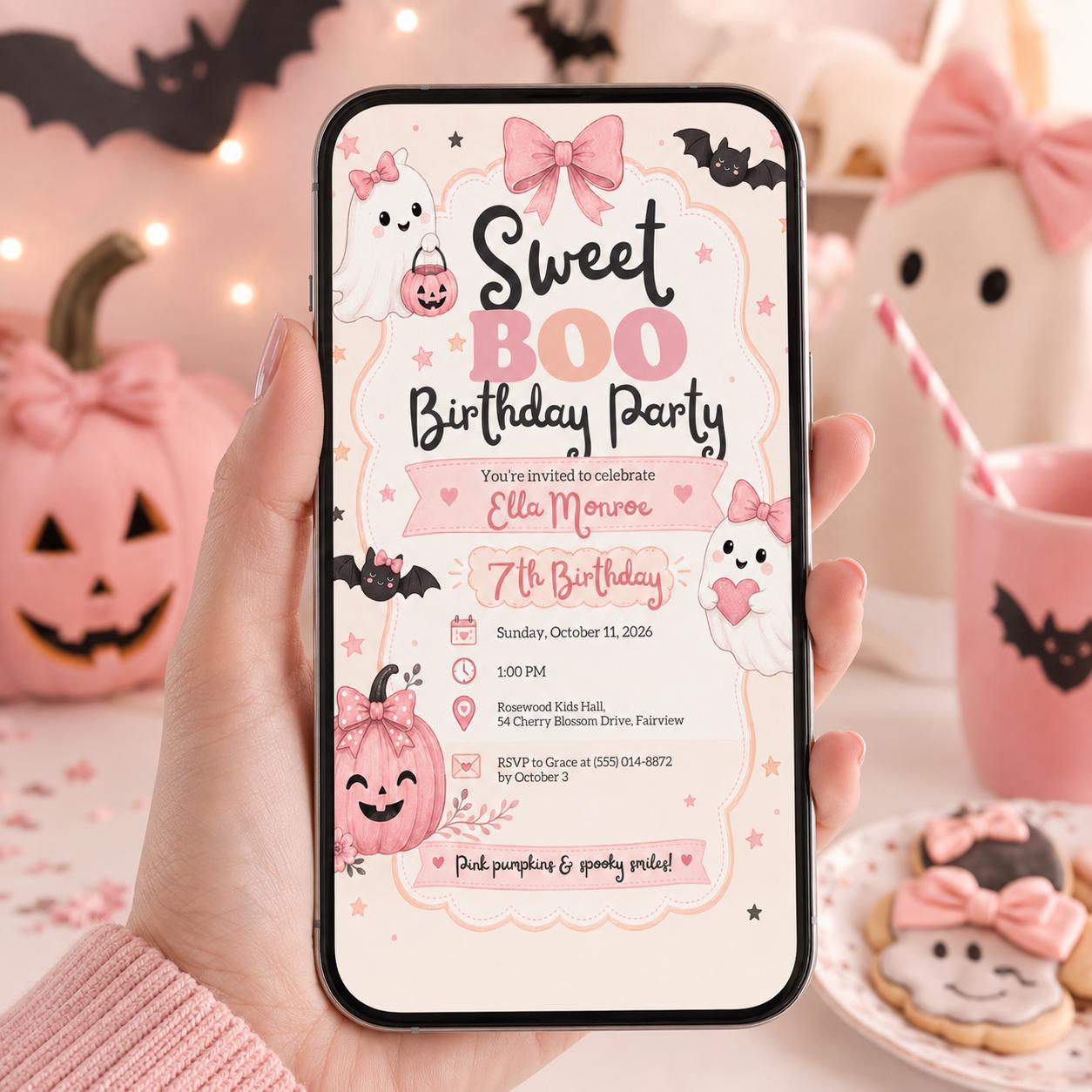 Pink Halloween Birthday Invitation, Cute Ghost Birthday Party Invite, Girly Pumpkin Halloween Invite, Editable Canva Template