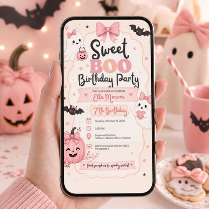 Pink Halloween Birthday Invitation, Cute Ghost Birthday Party Invite, Girly Pumpkin Halloween Invite, Editable Canva Template
