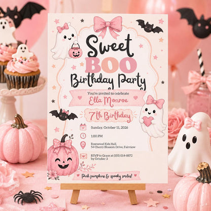 Pink Halloween Birthday Invitation, Cute Ghost Birthday Party Invite, Girly Pumpkin Halloween Invite, Editable Canva Template