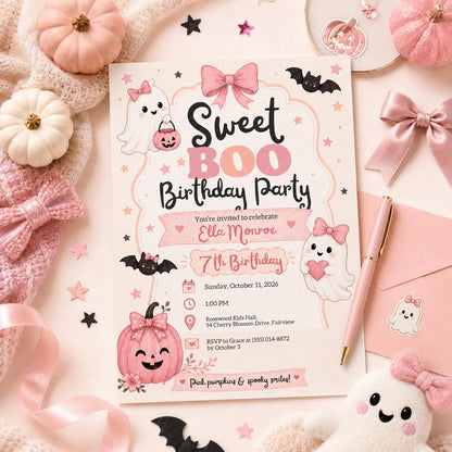 Pink Halloween Birthday Invitation, Cute Ghost Birthday Party Invite, Girly Pumpkin Halloween Invite, Editable Canva Template