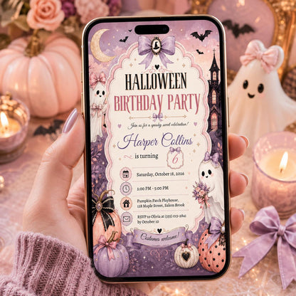 Pink Halloween Birthday Invitation, Cute Ghost Birthday Party Invite, Pastel Spooky Pumpkin Invite, Editable Canva Template