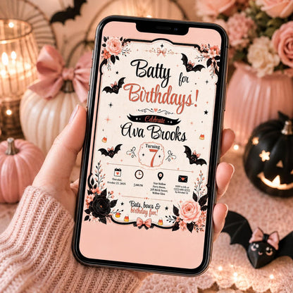 Bat Birthday Invitation, Pink Halloween Party Invite, Cute Bat Girls Birthday, Editable Canva Template, Printable Invite