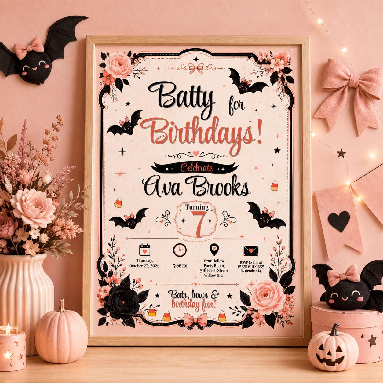 Bat Birthday Invitation, Pink Halloween Party Invite, Cute Bat Girls Birthday, Editable Canva Template, Printable Invite