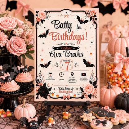 Bat Birthday Invitation, Pink Halloween Party Invite, Cute Bat Girls Birthday, Editable Canva Template, Printable Invite