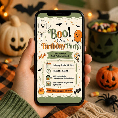 Cute Ghost Halloween Birthday Invitation, Orange Green Kids Party Invite, Spooky Birthday Party, Editable Canva Template