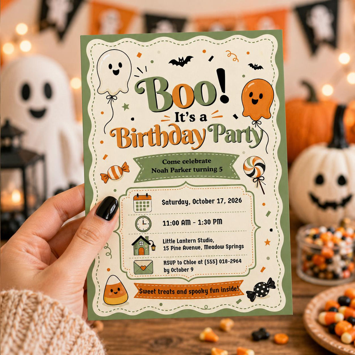 Cute Ghost Halloween Birthday Invitation, Orange Green Kids Party Invite, Spooky Birthday Party, Editable Canva Template