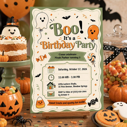 Cute Ghost Halloween Birthday Invitation, Orange Green Kids Party Invite, Spooky Birthday Party, Editable Canva Template
