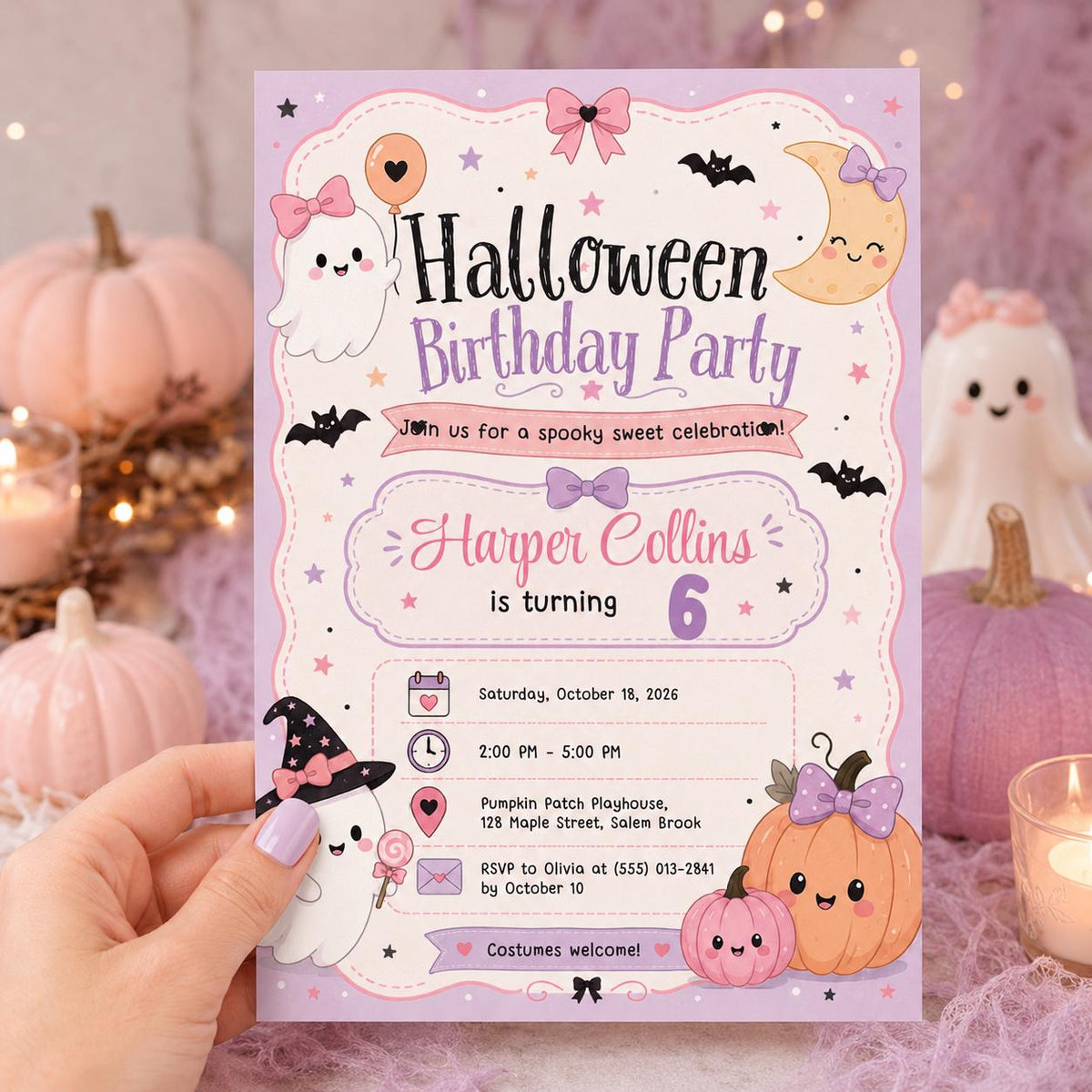 Pink Halloween Birthday Invitation, Cute Ghost Birthday Party Invite, Pastel Pumpkin Kids Halloween, Editable Canva Template