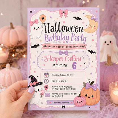 Pink Halloween Birthday Invitation, Cute Ghost Birthday Party Invite, Pastel Pumpkin Kids Halloween, Editable Canva Template