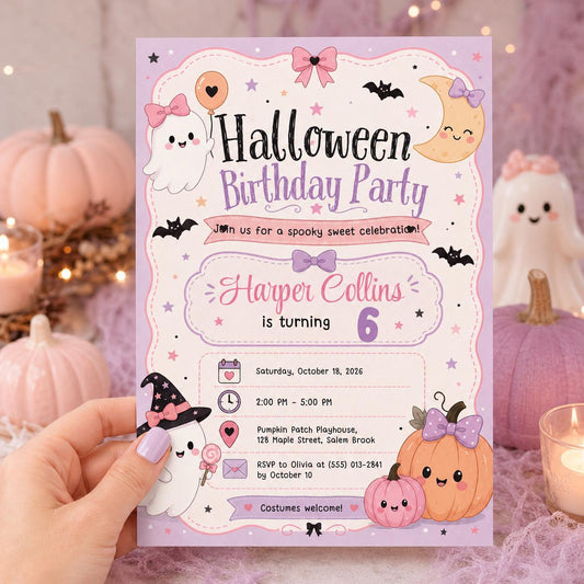 Pink Halloween Birthday Invitation, Cute Ghost Birthday Party Invite, Pastel Pumpkin Kids Halloween, Editable Canva Template