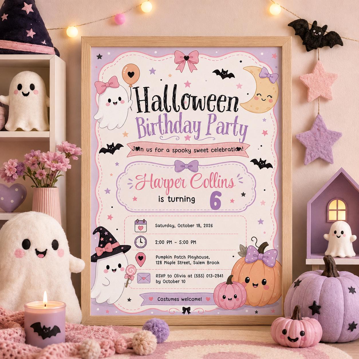 Pink Halloween Birthday Invitation, Cute Ghost Birthday Party Invite, Pastel Pumpkin Kids Halloween, Editable Canva Template