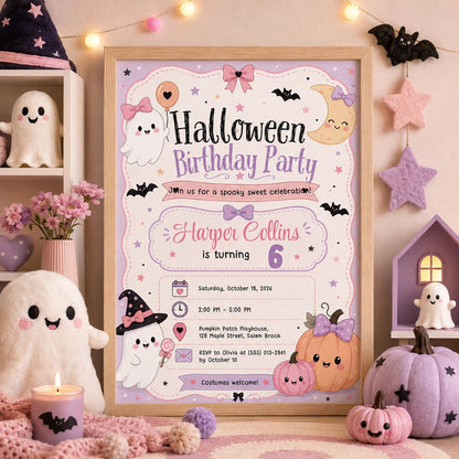 Pink Halloween Birthday Invitation, Cute Ghost Birthday Party Invite, Pastel Pumpkin Kids Halloween, Editable Canva Template