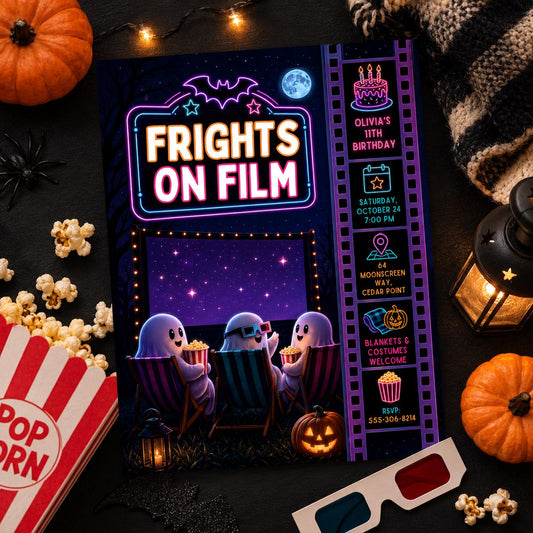 Halloween Movie Night Birthday Invitation, Spooky Cinema Party Invite, Neon Ghost Birthday, Outdoor Movie Party, Editable Canva Template