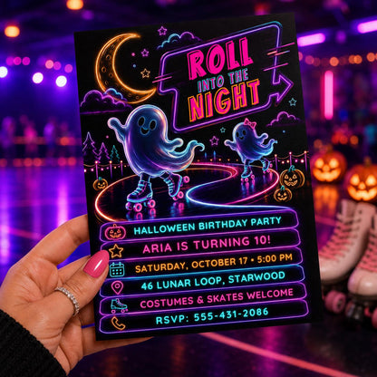 Roller Skating Halloween Birthday Invitation, Neon Ghost Skate Party Invite, Spooky Kids Roller Party, Editable Canva Template