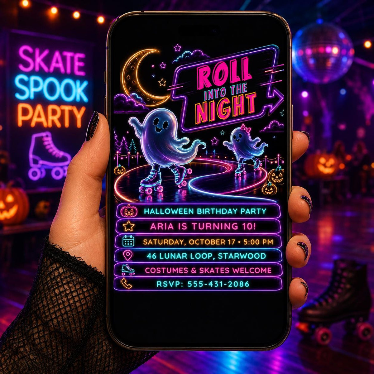 Roller Skating Halloween Birthday Invitation, Neon Ghost Skate Party Invite, Spooky Kids Roller Party, Editable Canva Template