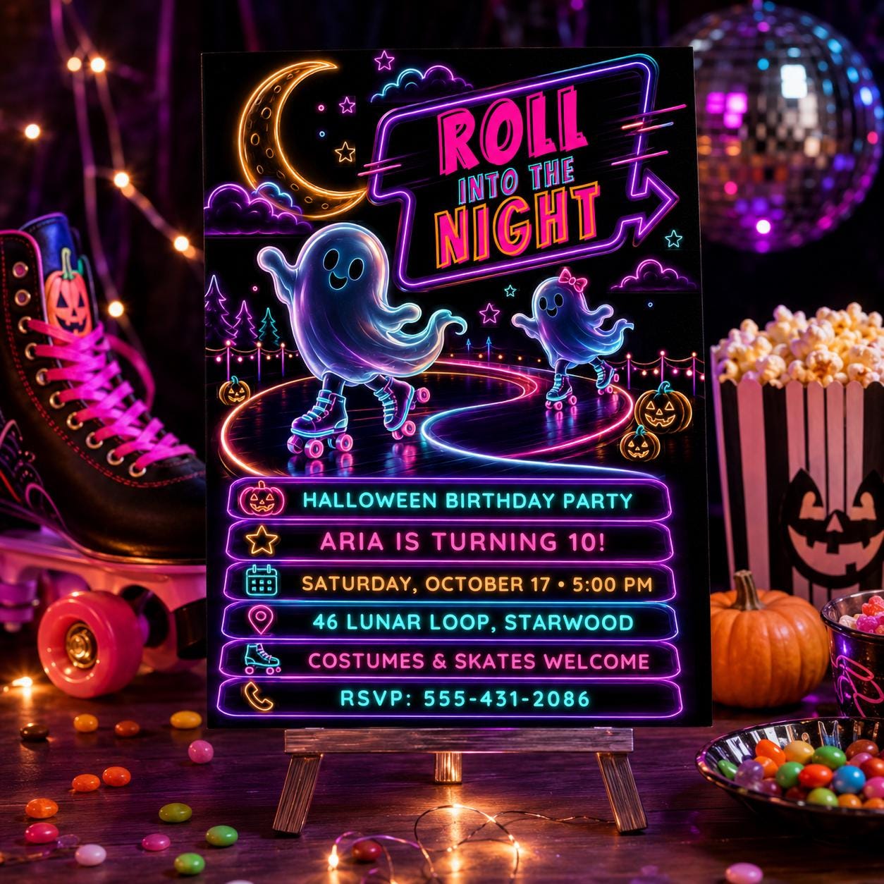Roller Skating Halloween Birthday Invitation, Neon Ghost Skate Party Invite, Spooky Kids Roller Party, Editable Canva Template