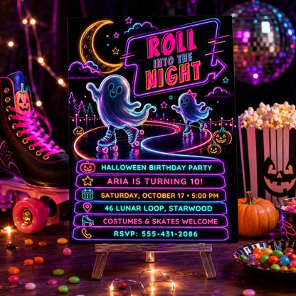 Roller Skating Halloween Birthday Invitation, Neon Ghost Skate Party Invite, Spooky Kids Roller Party, Editable Canva Template