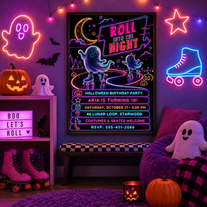 Roller Skating Halloween Birthday Invitation, Neon Ghost Skate Party Invite, Spooky Kids Roller Party, Editable Canva Template