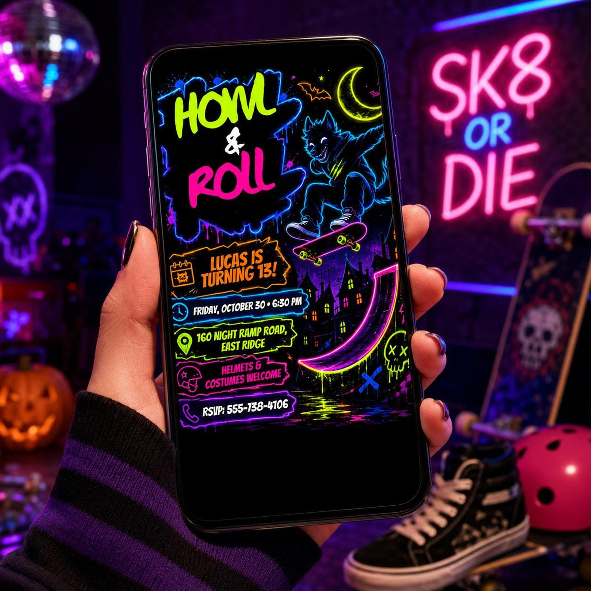 Neon Skateboard Halloween Birthday Invitation, Werewolf Skate Party Invite, Spooky Teen Birthday, Editable Canva Template