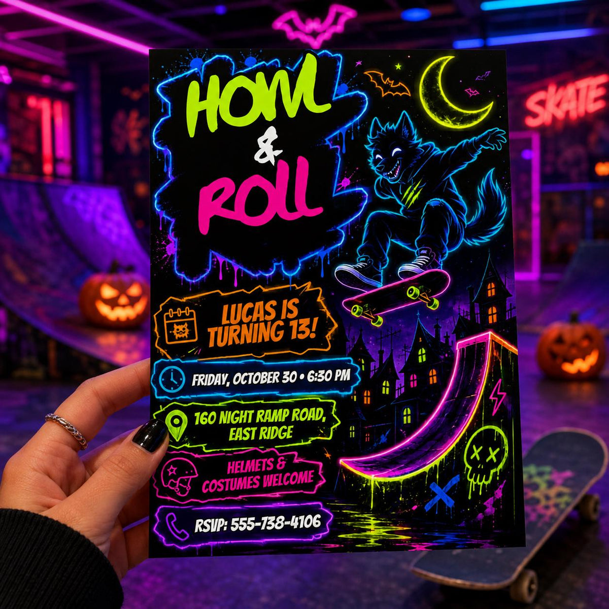 Neon Skateboard Halloween Birthday Invitation, Werewolf Skate Party Invite, Spooky Teen Birthday, Editable Canva Template