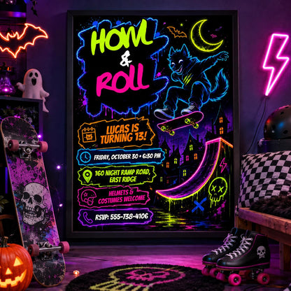 Neon Skateboard Halloween Birthday Invitation, Werewolf Skate Party Invite, Spooky Teen Birthday, Editable Canva Template