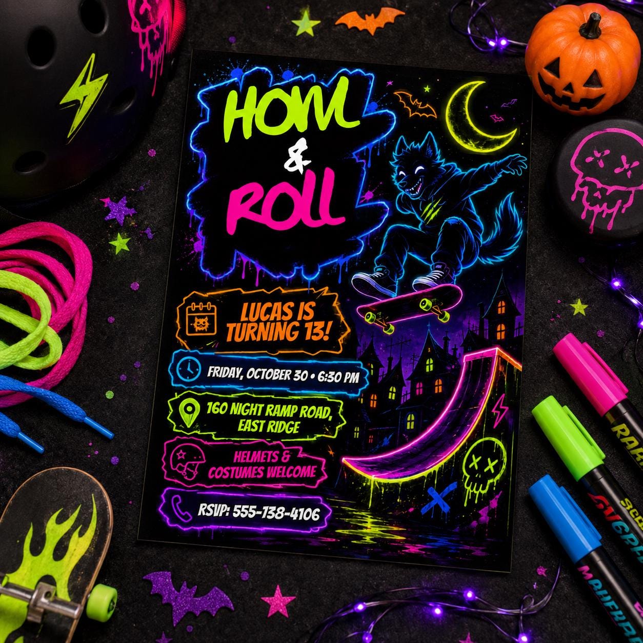 Neon Skateboard Halloween Birthday Invitation, Werewolf Skate Party Invite, Spooky Teen Birthday, Editable Canva Template